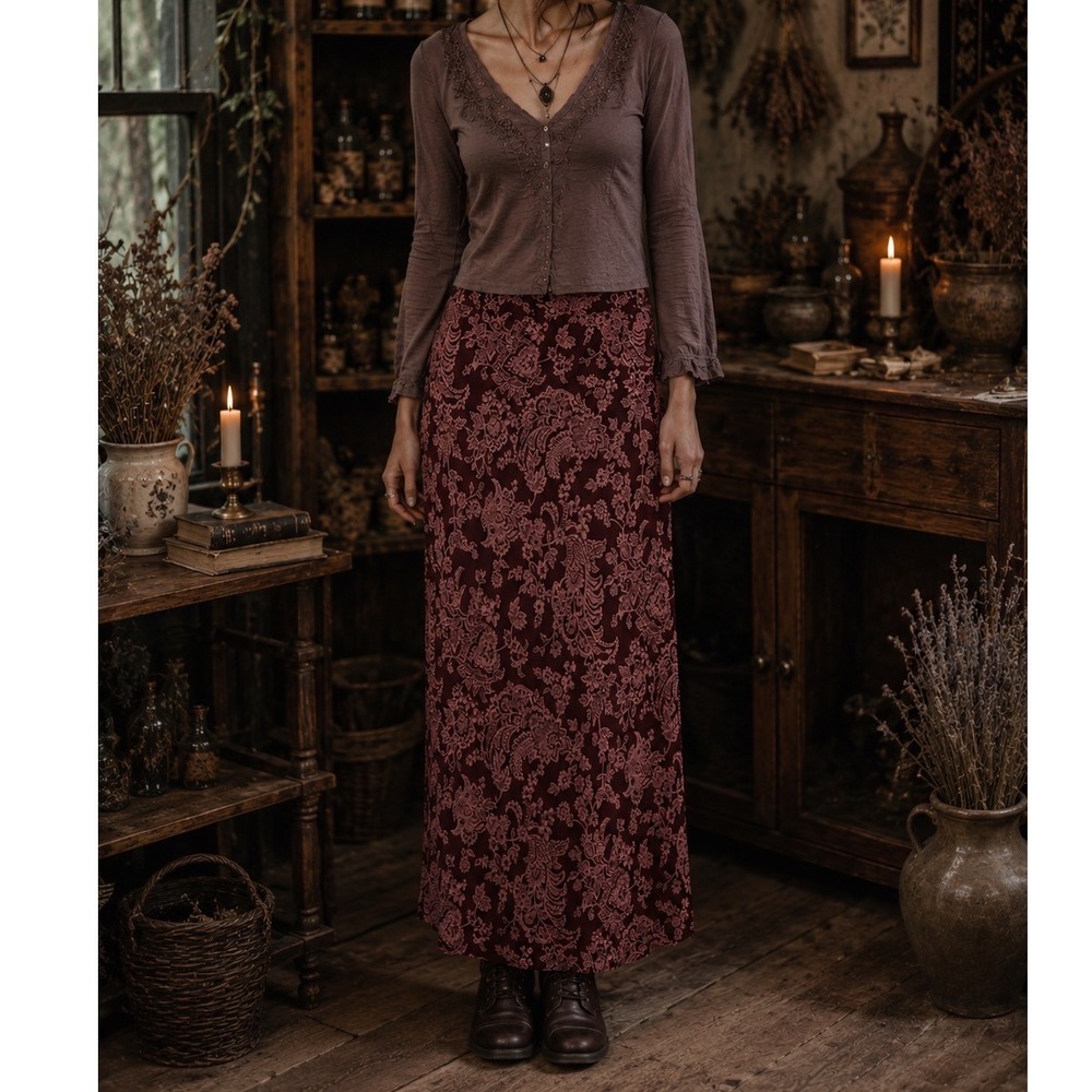 Vtg y2k 90s whimsigoth maxi skirt Womens sz L Burgundy Paisley practical magic
